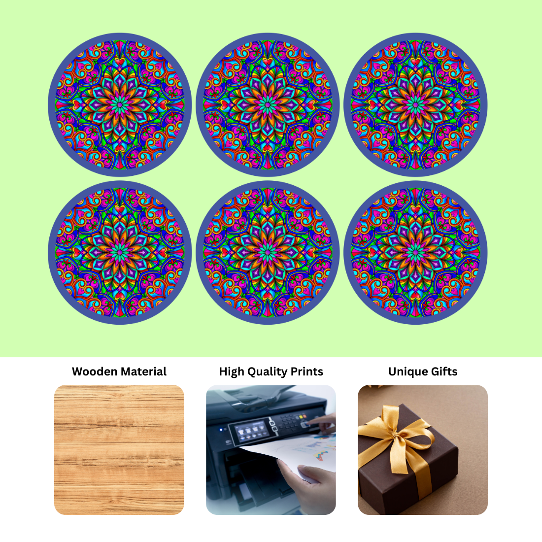 Purple Mandala MDF Printed Coasters Set of 6 with Holder | Waterproof & Durable