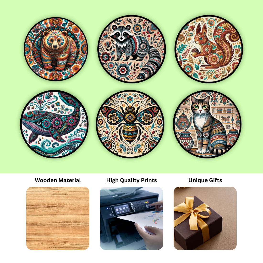 Animal MDF Printed Coasters Set of 6 with Holder | Waterproof & Durable