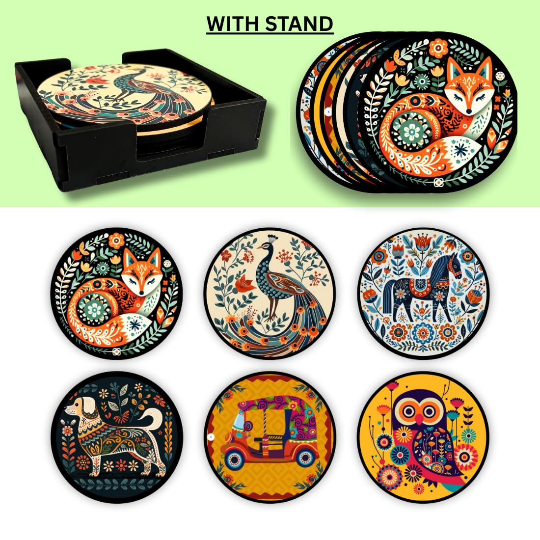 Mandala Animal MDF Printed Coasters Set of 6 with Holder | Waterproof & Durable