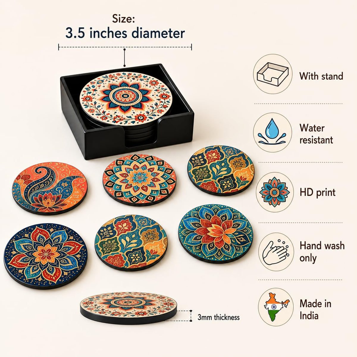 Zesta Mandala Wooden Coasters – Set of 6 – image 5