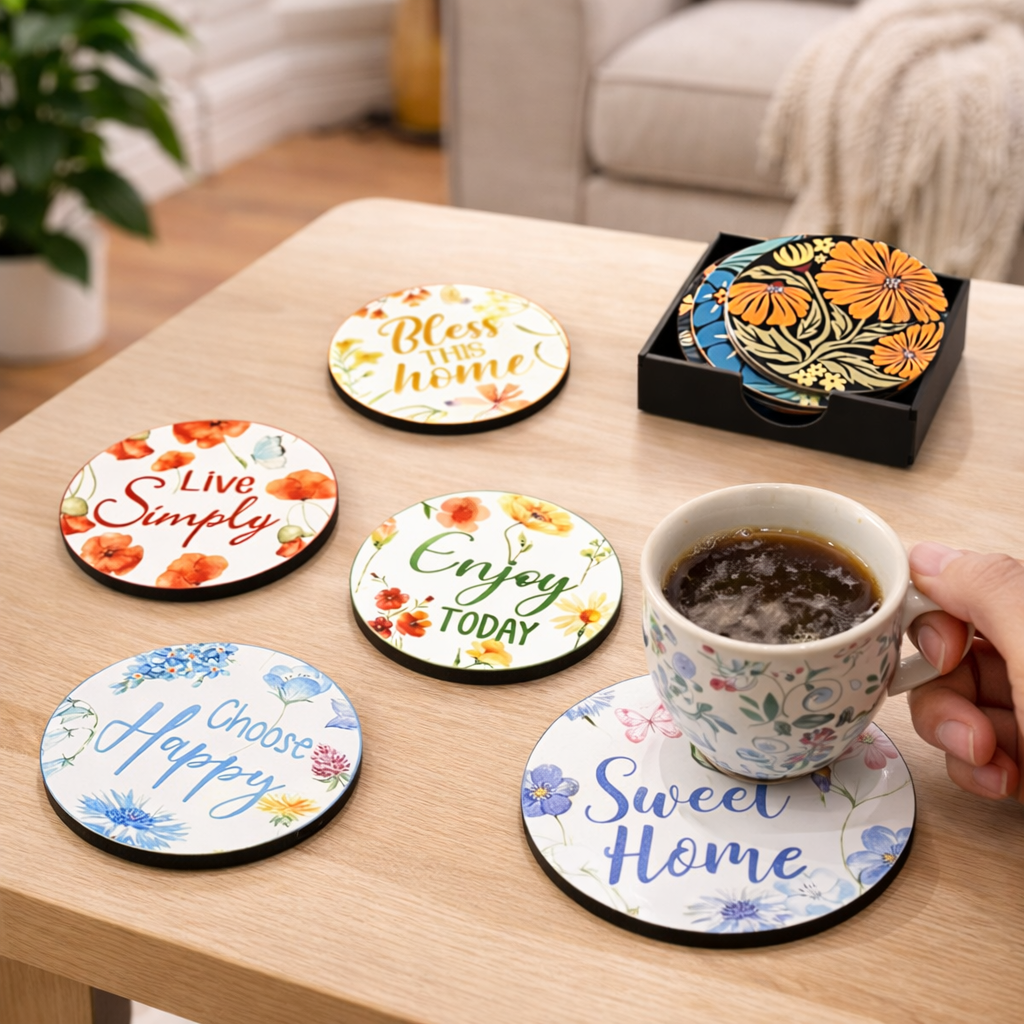 Happy Home MDF Printed Coasters Set of 6 with Holder | Waterproof & Durable
