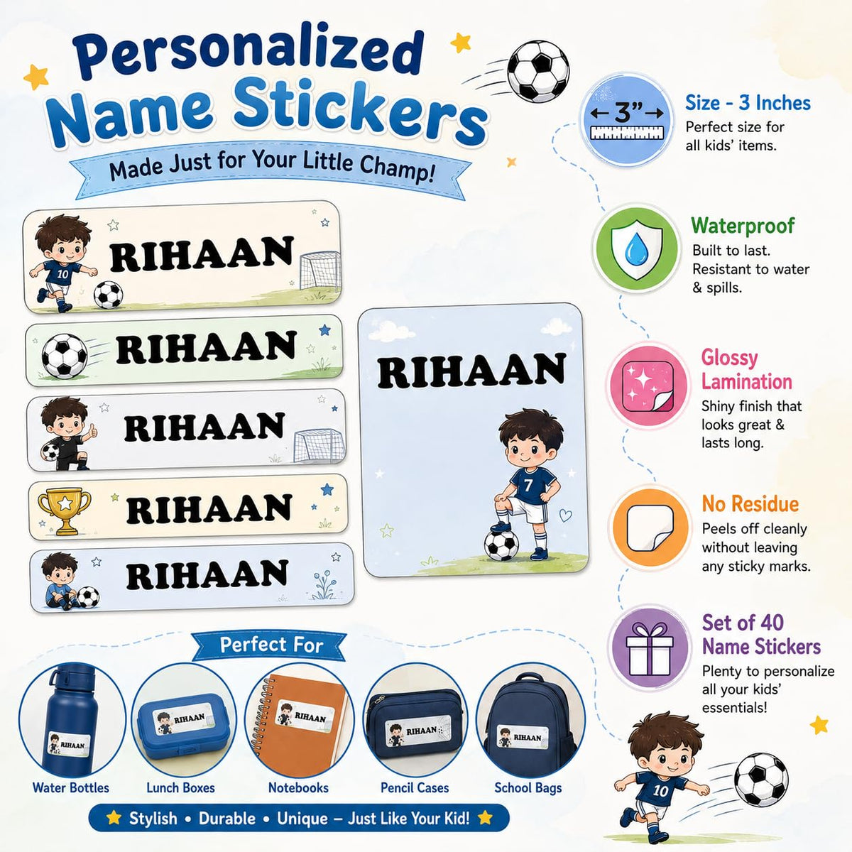 Zesta football personalised name stickers for kids, pack of 40 - image 4