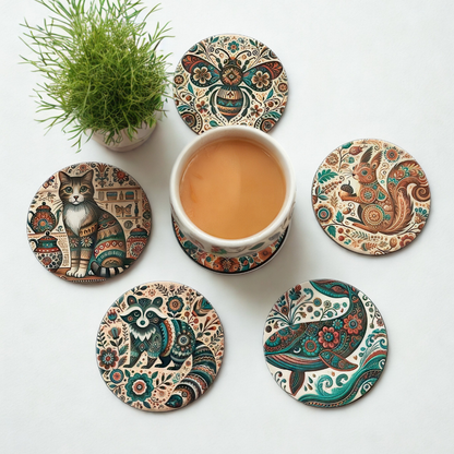 Animal MDF Printed Coasters Set of 6 with Holder | Waterproof & Durable