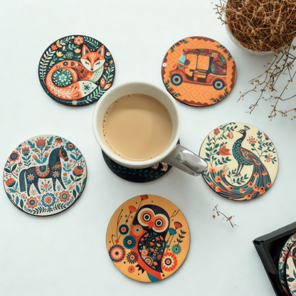Mandala Animal MDF Printed Coasters Set of 6 with Holder | Waterproof & Durable
