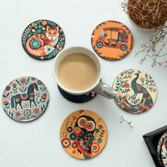 Mandala Animal MDF Printed Coasters Set of 6 with Holder | Waterproof & Durable