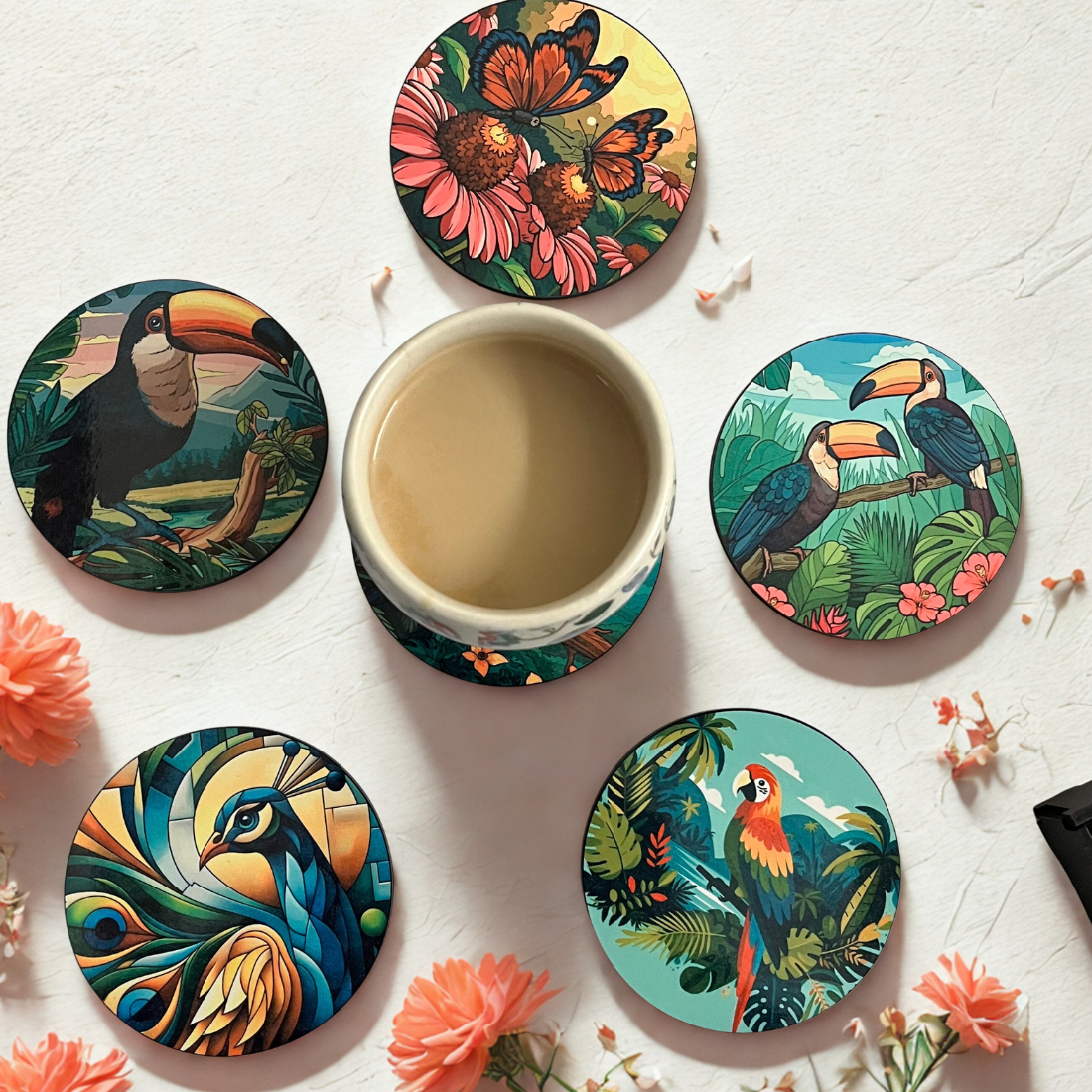 Bird MDF Printed Coasters Set of 6 with Holder | Waterproof & Durable