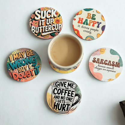 Sarcastic MDF Printed Coasters Set of 6 with Holder | Waterproof & Durable