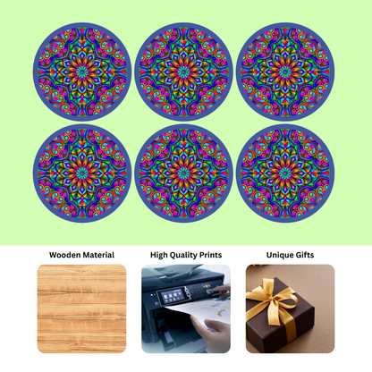 Purple Mandala MDF Printed Coasters Set of 6 with Holder | Waterproof & Durable
