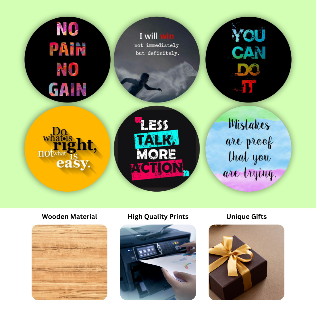 Motivation MDF Printed Coasters Set of 6 with Holder | Waterproof & Durable