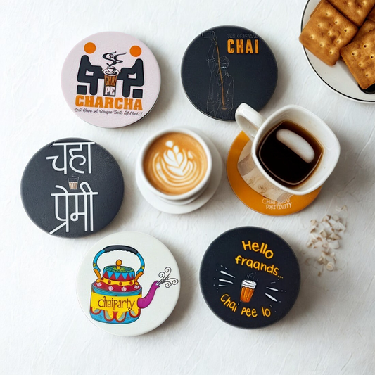 Chai Theme MDF Printed Coasters Set of 6 with Holder | Waterproof & Durable
