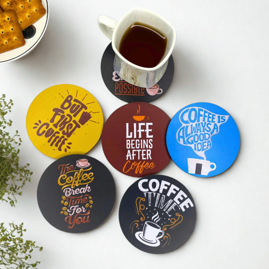 Coffee MDF Printed Coasters Set of 6 with Holder | Waterproof & Durable