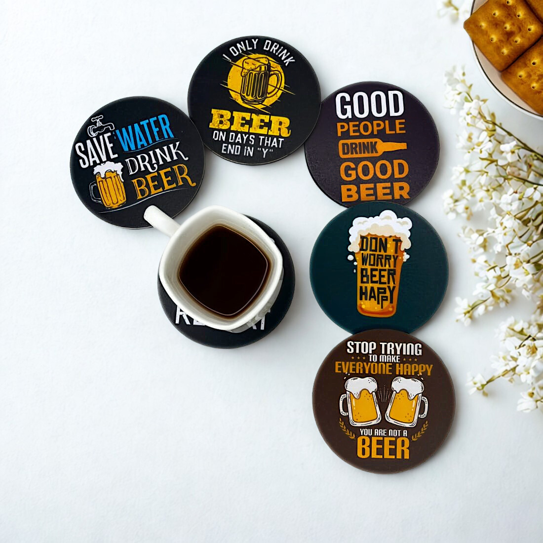 Beer Theme MDF Printed Coasters Set of 6 with Holder | Waterproof & Durable