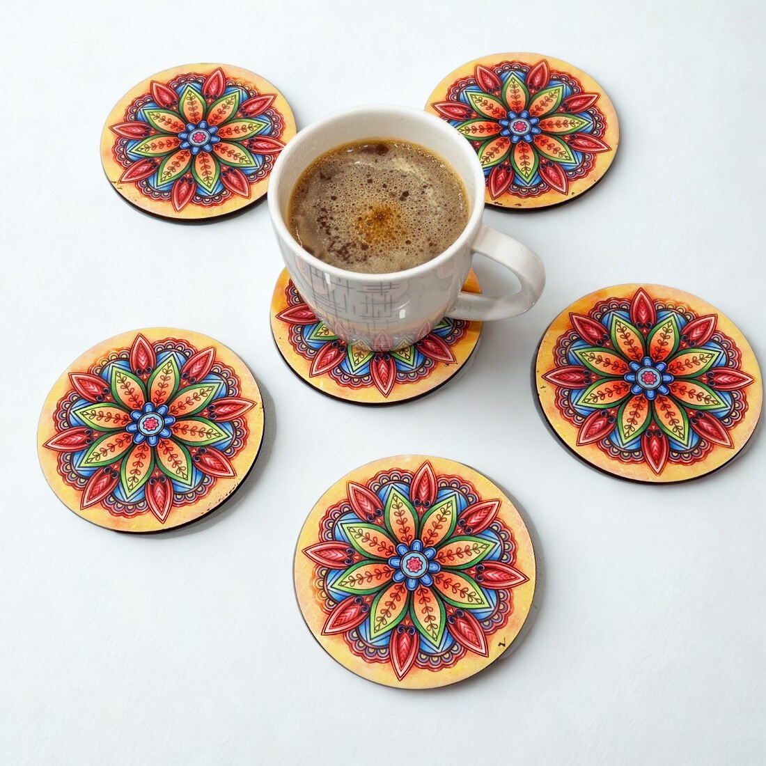 Mandala MDF Printed Coasters Set of 6 with Holder | Waterproof & Durable