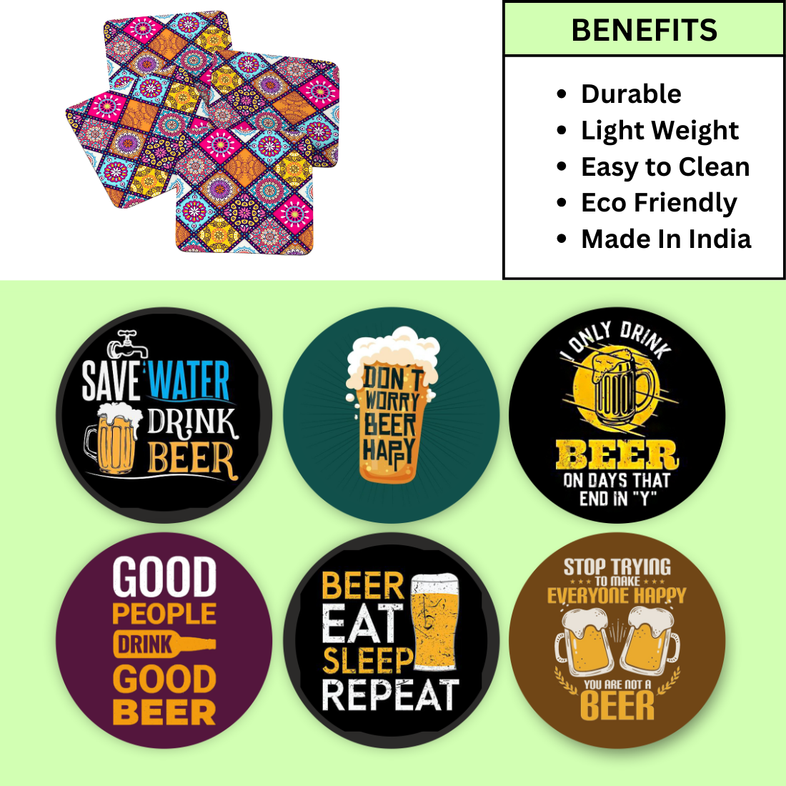 Beer Theme MDF Printed Coasters Set of 6 with Holder | Waterproof & Durable