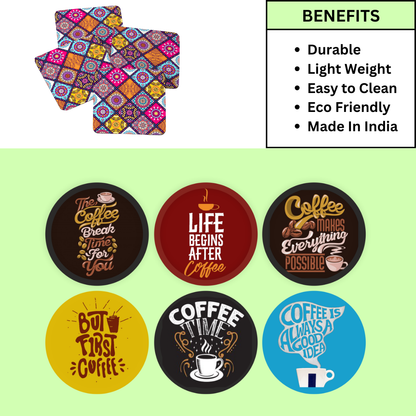 Coffee MDF Printed Coasters Set of 6 with Holder | Waterproof & Durable