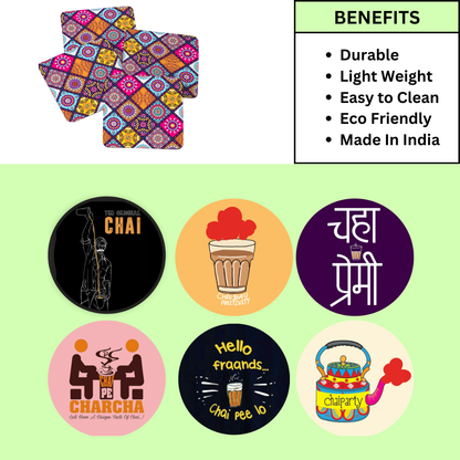 Chai Theme MDF Printed Coasters Set of 6 with Holder | Waterproof & Durable