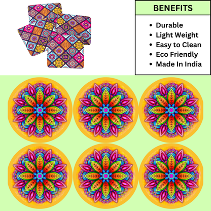 Mandala MDF Printed Coasters Set of 6 with Holder | Waterproof & Durable