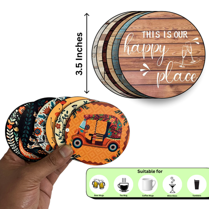Happy Home MDF Printed Coasters Set of 6 with Holder | Waterproof & Durable