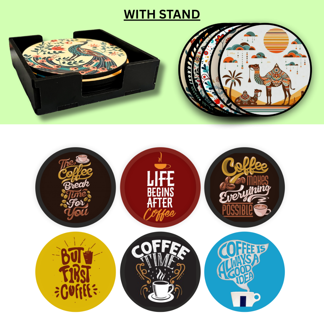 Coffee MDF Printed Coasters Set of 6 with Holder | Waterproof & Durable