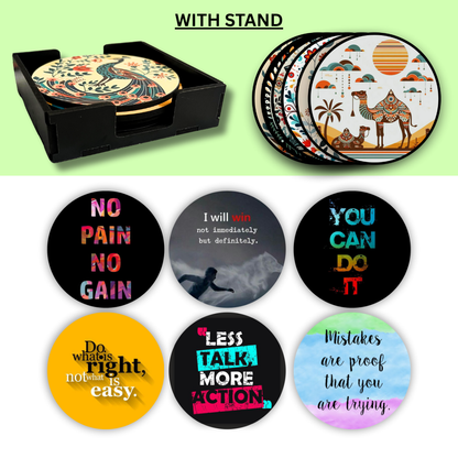 Motivation MDF Printed Coasters Set of 6 with Holder | Waterproof & Durable