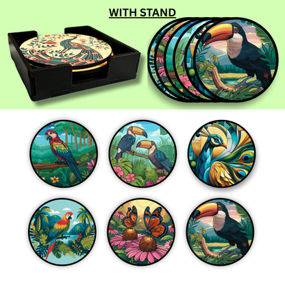 Bird MDF Printed Coasters Set of 6 with Holder | Waterproof & Durable