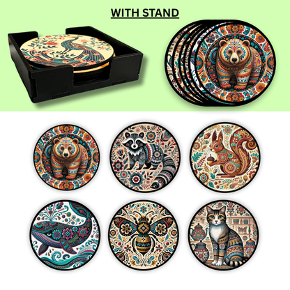 Animal MDF Printed Coasters Set of 6 with Holder | Waterproof & Durable