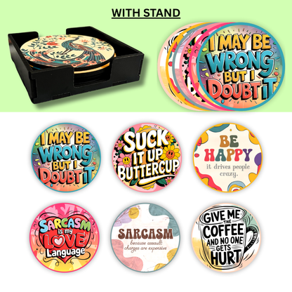 Sarcastic MDF Printed Coasters Set of 6 with Holder | Waterproof & Durable