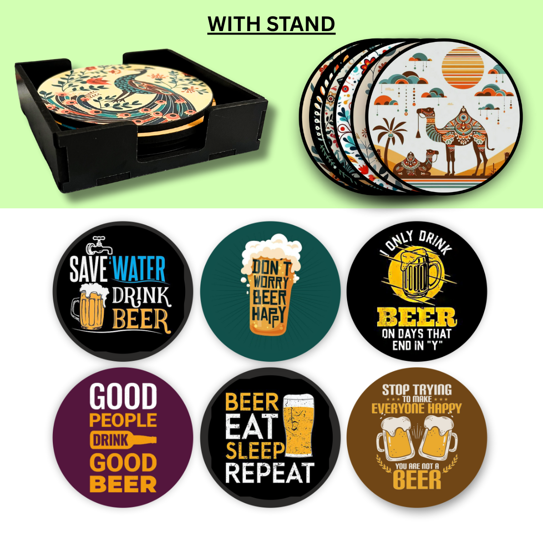 Beer Theme MDF Printed Coasters Set of 6 with Holder | Waterproof & Durable