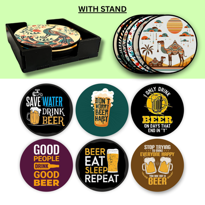 Beer Theme MDF Printed Coasters Set of 6 with Holder | Waterproof & Durable