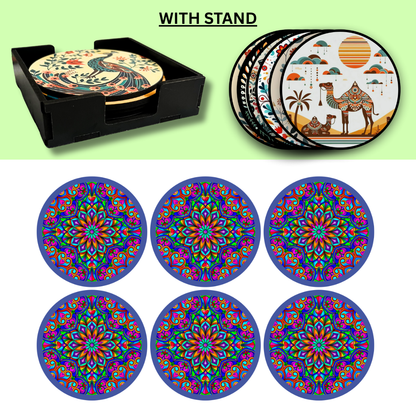 Purple Mandala MDF Printed Coasters Set of 6 with Holder | Waterproof & Durable