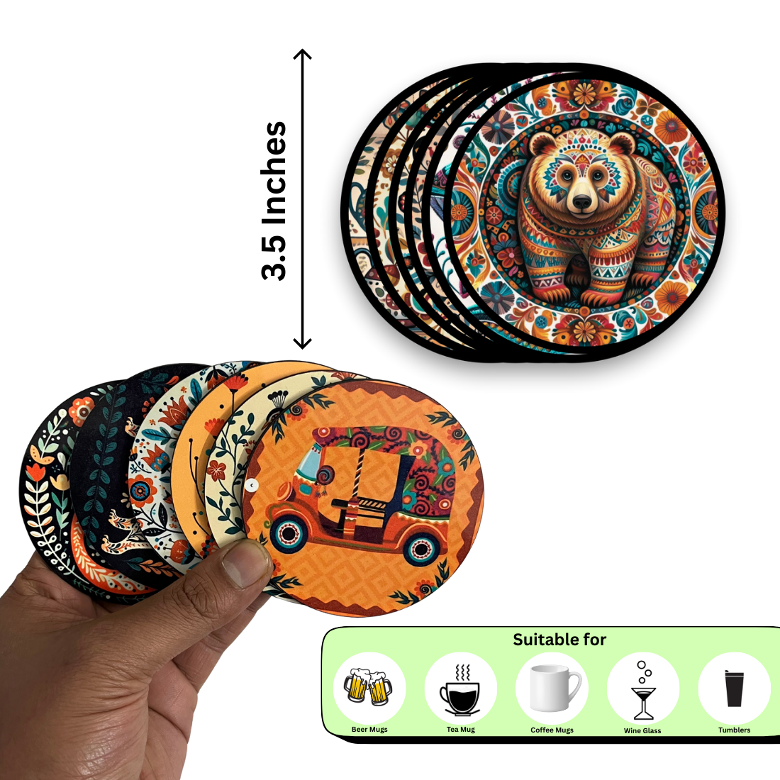 Animal MDF Printed Coasters Set of 6 with Holder | Waterproof & Durable
