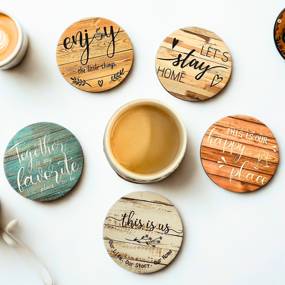 Happy Home MDF Printed Coasters Set of 6 with Holder | Waterproof & Durable