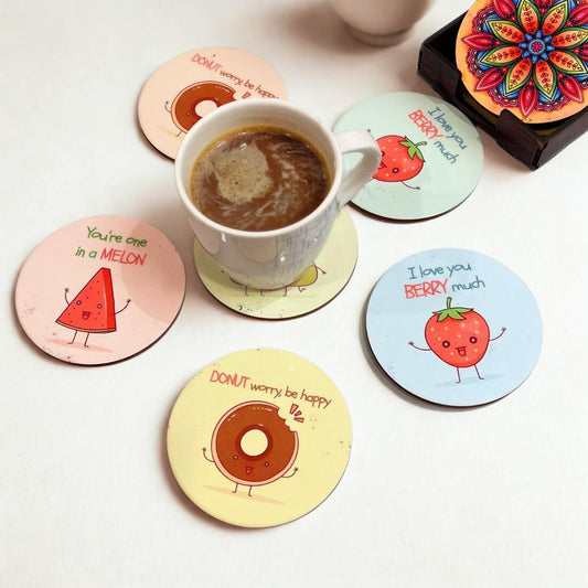Fruits MDF Printed Coasters Set of 6 with Holder | Waterproof & Durable