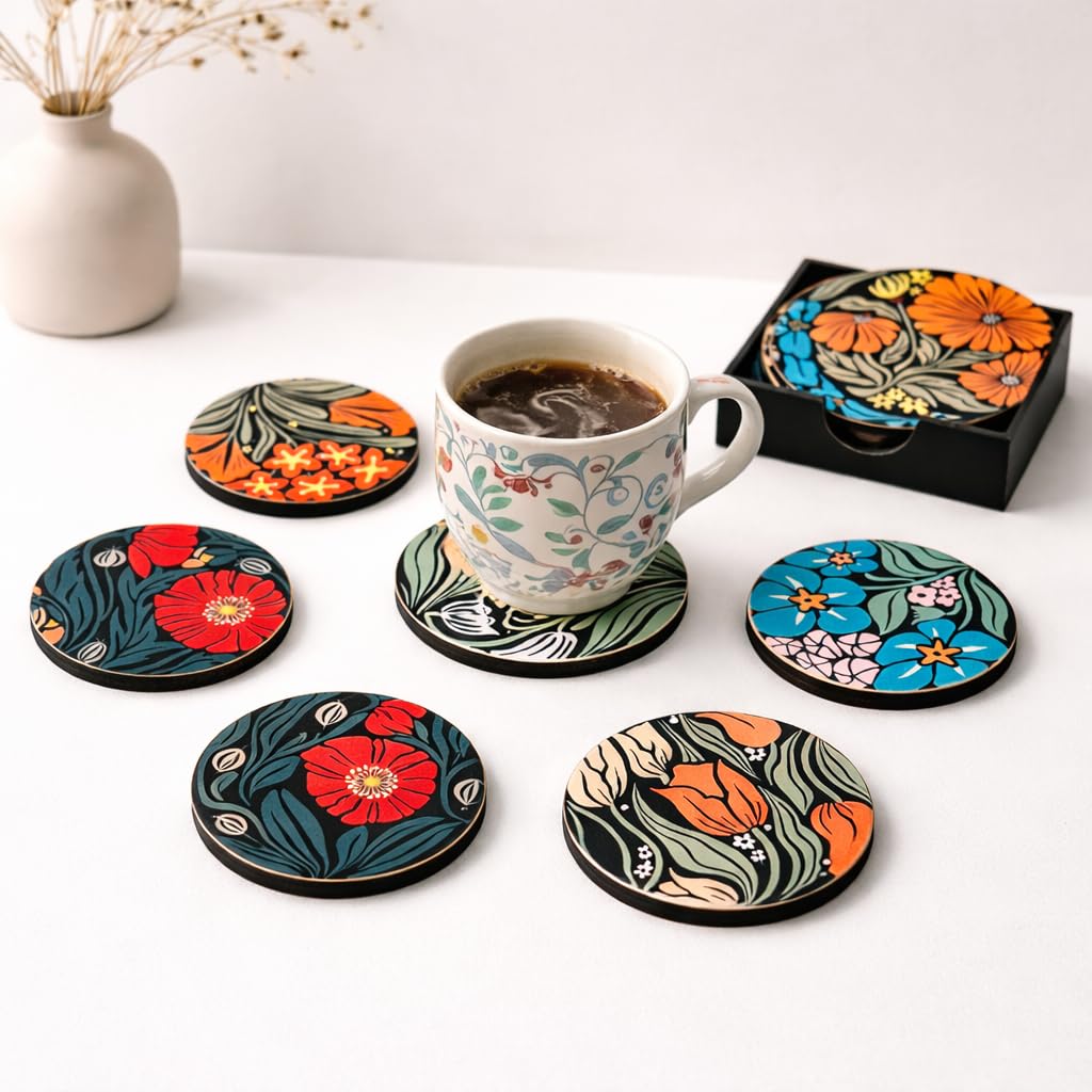 Floral MDF Printed Coasters Set of 6 with Holder | Waterproof & Durable