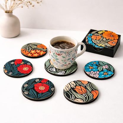 Floral MDF Printed Coasters Set of 6 with Holder | Waterproof & Durable