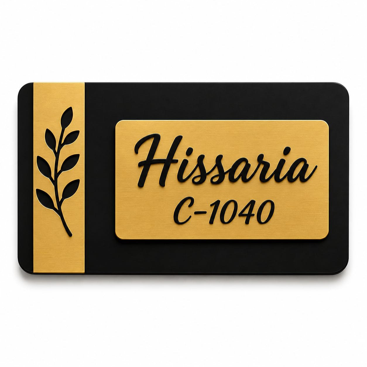 black-golden custom name plate for home close up design detail
