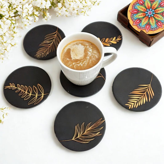 Black Abstract MDF Printed Coasters Set of 6 with Holder | Waterproof & Durable