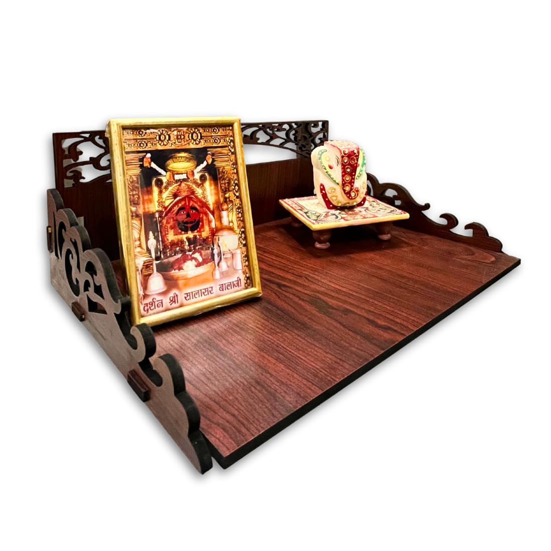 wooden temple for home office pooja close up design detail