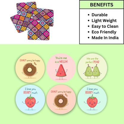Fruits MDF Printed Coasters Set of 6 with Holder | Waterproof & Durable