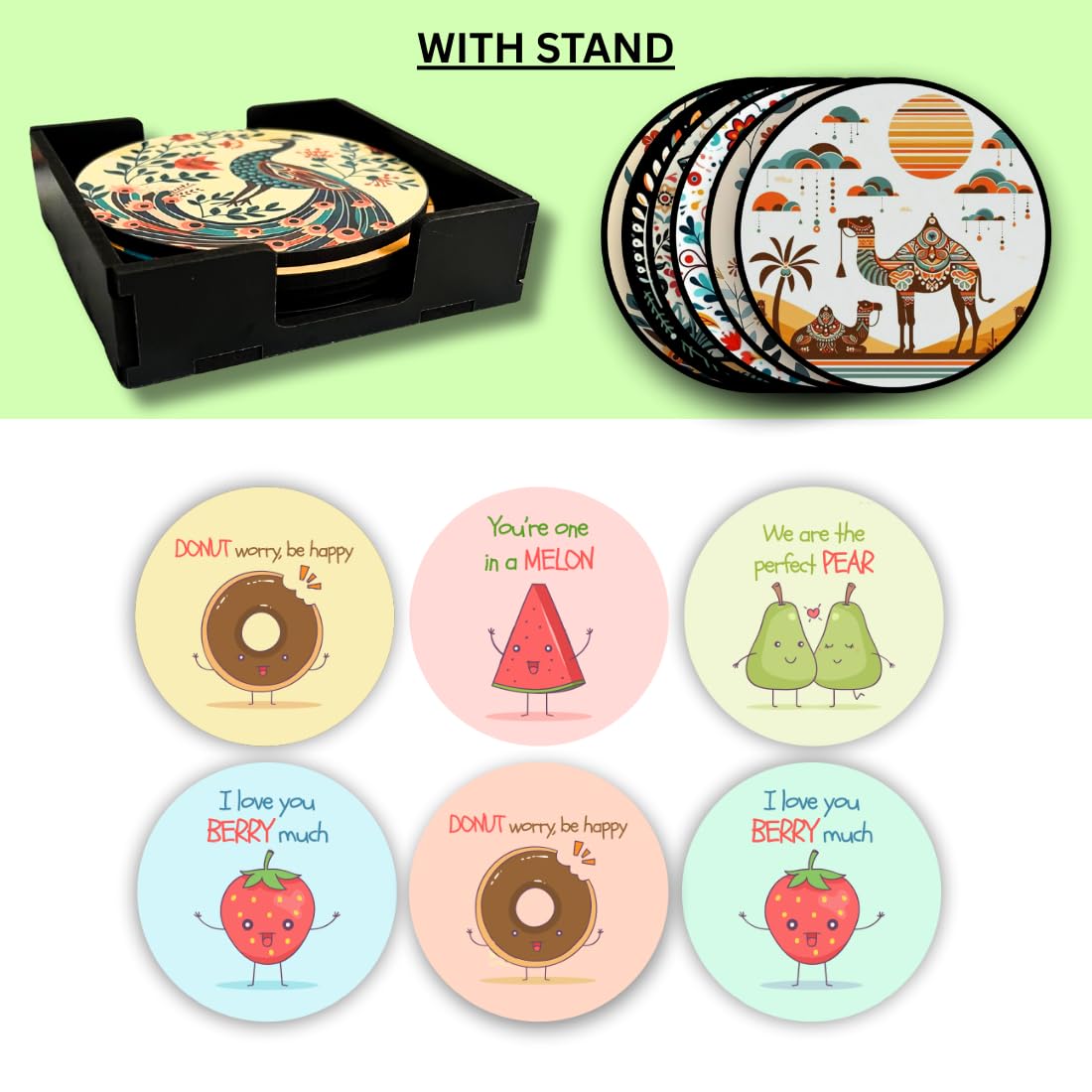 Fruits MDF Printed Coasters Set of 6 with Holder | Waterproof & Durable