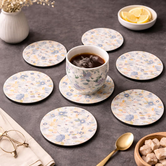Pastel Blue MDF Printed Coasters Set of 6 with Holder | Waterproof & Durable