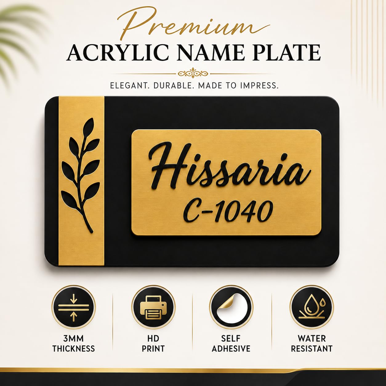 black-golden custom name plate for home feature and material detail