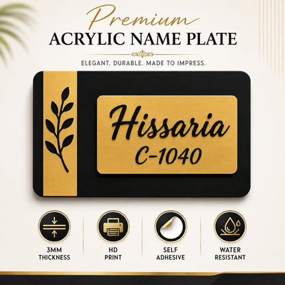 black-golden custom name plate for home feature and material detail