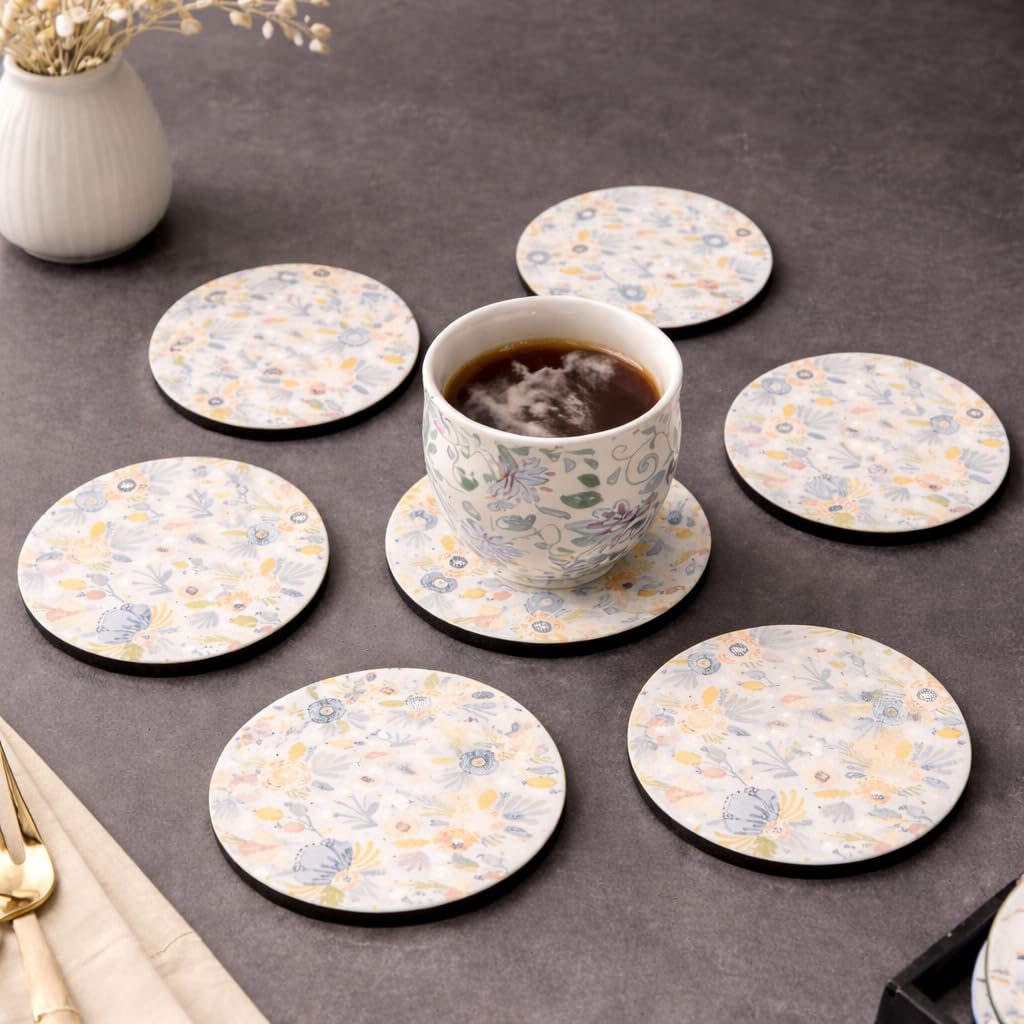 Pastel Blue MDF Printed Coasters Set of 6 with Holder | Waterproof & Durable