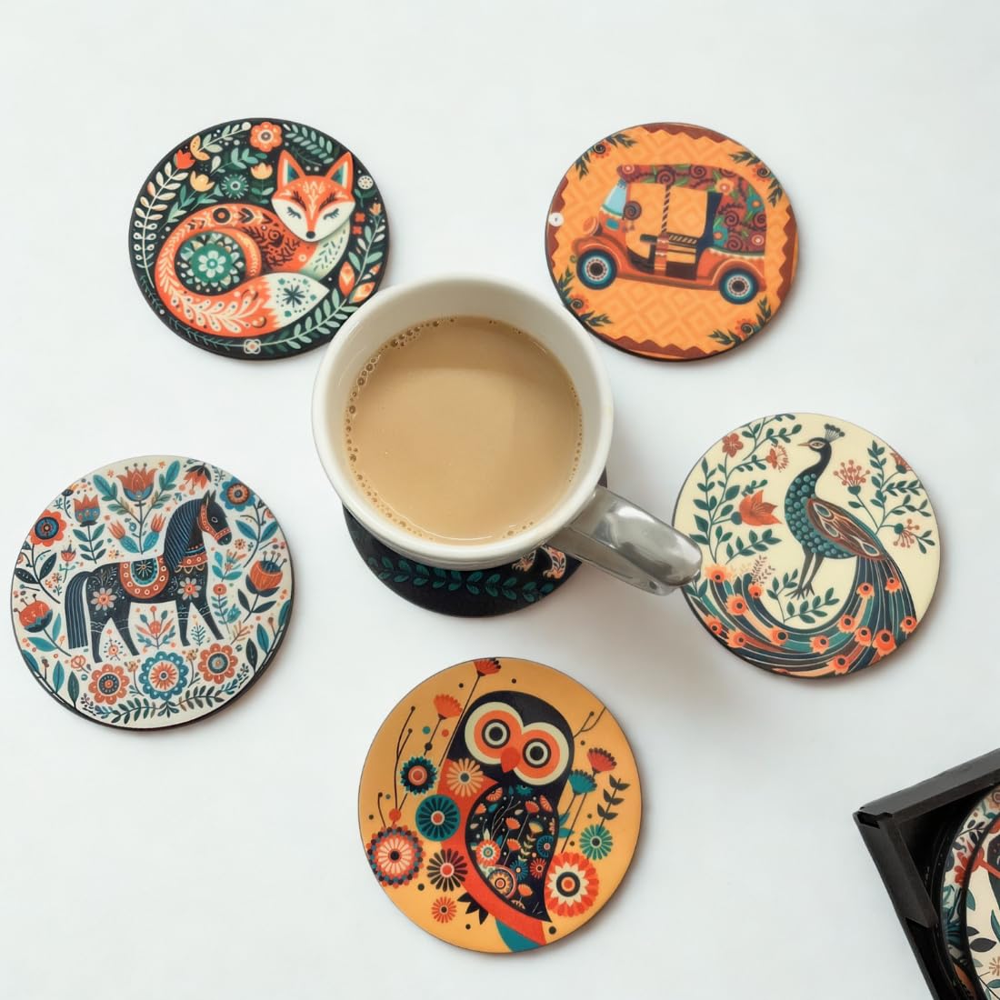 Mandala Animal MDF Printed Coasters Set of 6 with Holder | Waterproof & Durable