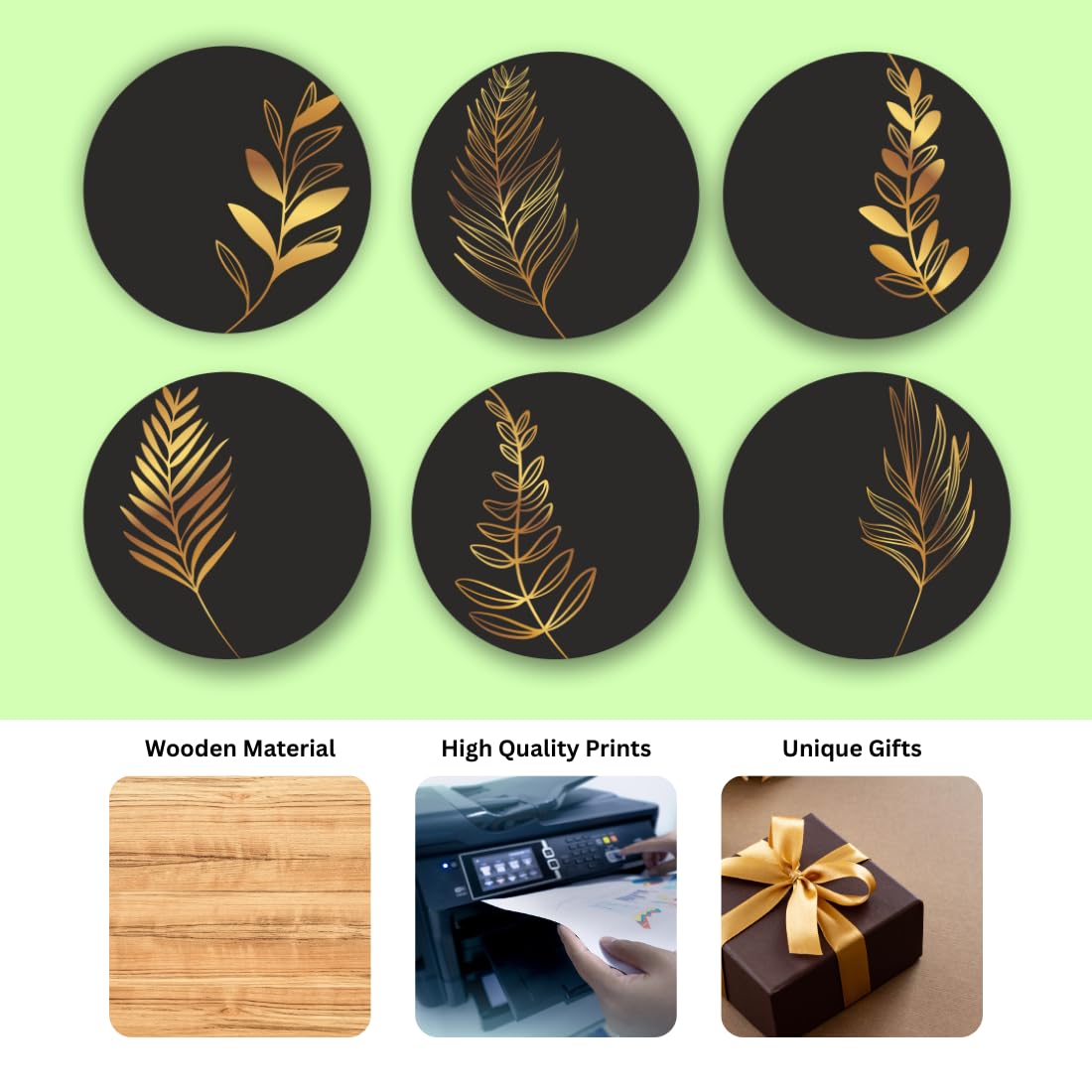 Black Abstract MDF Printed Coasters Set of 6 with Holder | Waterproof & Durable