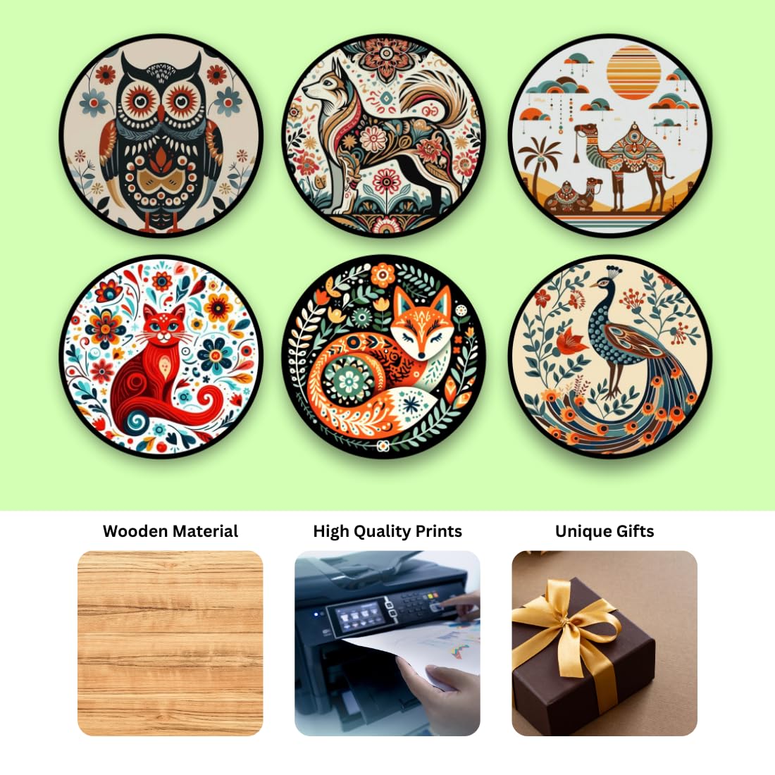 Abstract Animal MDF Printed Coasters Set of 6 with Holder | Waterproof & Durable