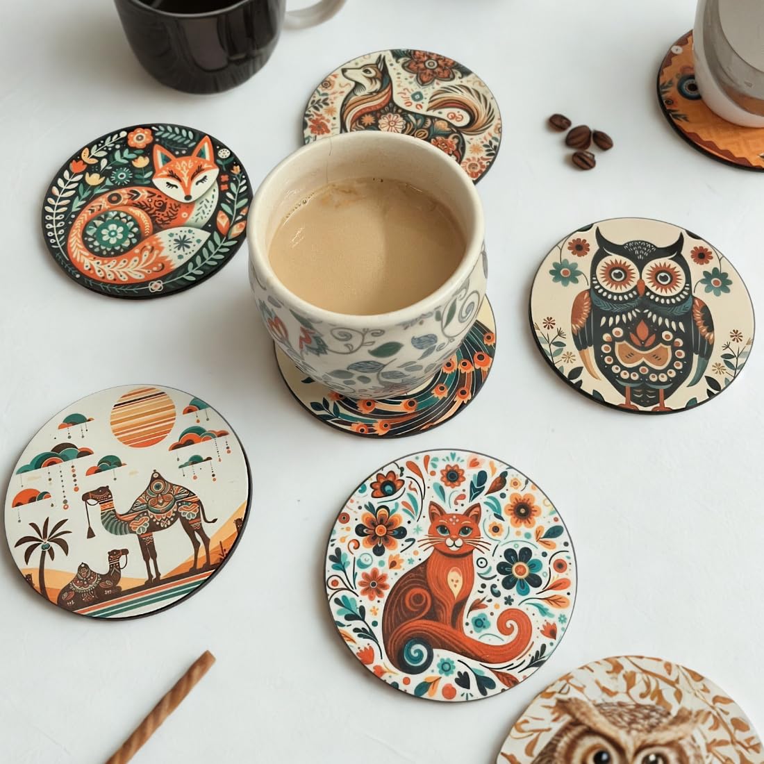 Abstract Animal MDF Printed Coasters Set of 6 with Holder | Waterproof & Durable