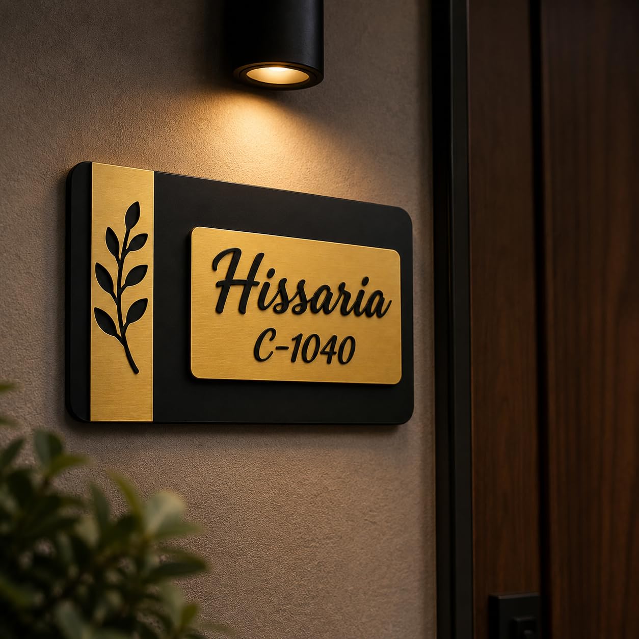 black-golden custom name plate for home size and finish detail