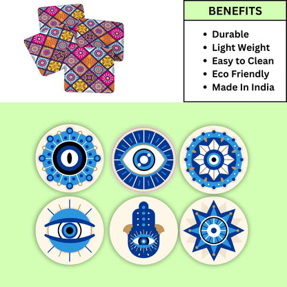 Evil Eyes MDF Printed Coasters Set of 6 with Holder | Waterproof & Durable